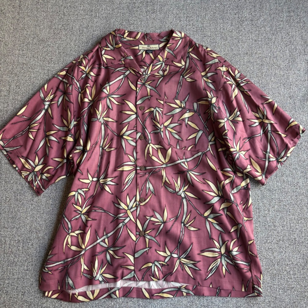 Tommy Bahama Button Up Mens XL Burgundy Silk Bamboo Tropical Camp Shirt Pattern